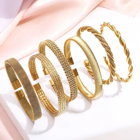 Woven Mesh Bangle Bracelet 304 Stainless Steel 18K Gold Plated Twisted Rope Open Cuff Minimalist Fashion Jewelry Women