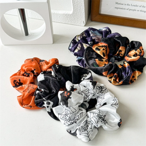 Chouchous Halloween Tissu Satin Motifs Citrouille Fantôme Crâne Toile Araignée Accessoires Cheveux Élastiques Style Fête Festive