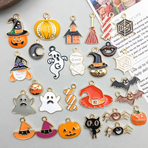 Enamel Zinc Alloy Halloween Charms Pendants Cartoon Pumpkin Ghost Witch Hat Bat Cat For DIY Jewelry Making Crafts