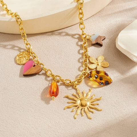 Collier Multi Pendentifs Soleil Fleur Coeur Étoile Acier Inoxydable Bois Acrylique Bohème Vintage Femmes