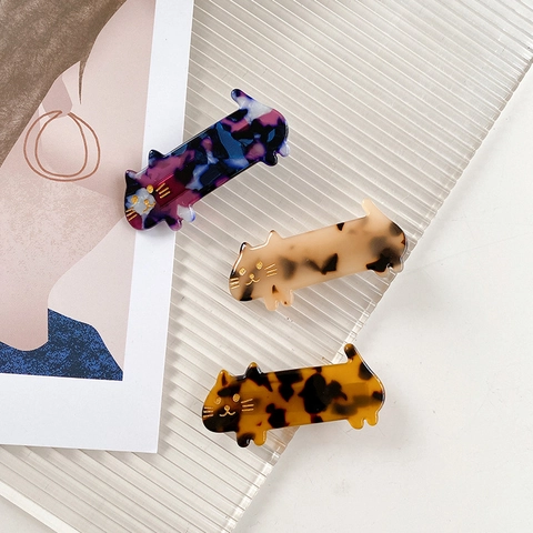Cute Cat Shape Hair Clip Acetate Duckbill Side Pin Tortoise Shell Marble Pattern Korean Style Fashion Accessory For Women