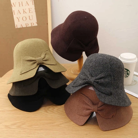 Sombrero Cloche De Fieltro De Lana Para Mujer Elegante Retro Con Lazo Otoño Invierno Cálido Gorro De Color Sólido