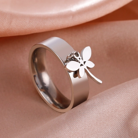Stainless Steel Dragonfly Pendant Ring Gold Plated Minimalist Polished Band Fashion Jewelry For Women