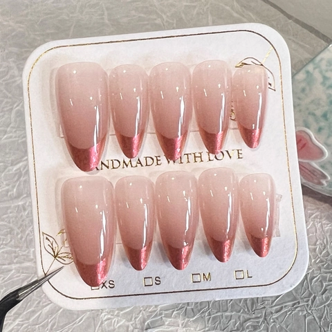 Faux Ongles Press On Forme Amande French Rose Métallique Base Rose Nude Brillant Longue Pointe Amovible Pour Femmes