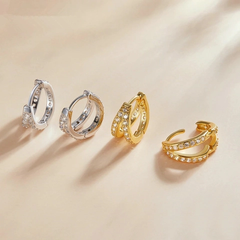Double Row Pave Zircon Hoop Earrings Copper Gold Plated Huggie Geometric Elegant Professional Jewelry For Women