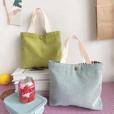 Corduroy Mini Handbag Women Japanese Style Small Tote Bag With Snap Button Retro Daily Lunch Pouch