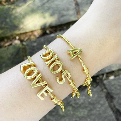 Gold Plated Copper Bracelet With Initial Letter Charms Snake Bone Chain DIY Jewelry Alphabets For Women