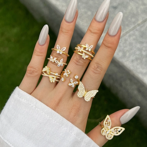 925 Sterling Silver Butterfly Zirconia Open Adjustable Ring Gold Plated Double Butterfly Finger Ring For Women Fashion Jewelry