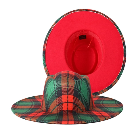 Vintage Wool Felt Fedora Hat Wide Brim Plaid Color Block British Style Jazz Cap For Men Women Christmas Party