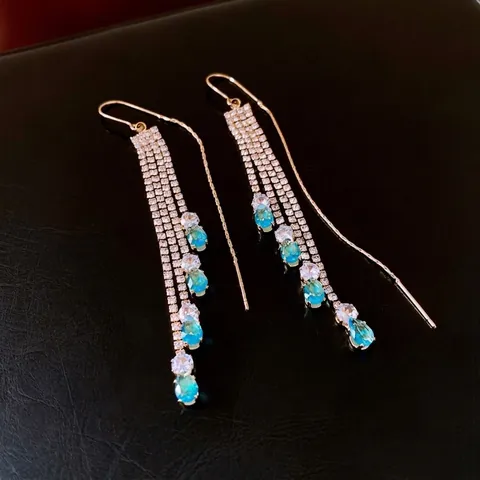 Boucles D'Oreilles Longues À Gland Zircon Bleu Goutte D'Eau Strass Base En Cuivre Tige En Argent Bijoux Femme Élégants