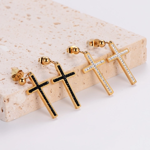 Cross Dangle Stud Earrings 316L Stainless Steel 18K Gold Plated Inlaid Rhinestone Punk Gothic Style For Women
