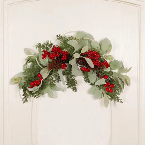 Kerst Slinger Kunstmatige Rode Bessen Dennenappels Lamsoor Bladeren LED Verlichte Deur Wand Decoratie Landelijke Stijl