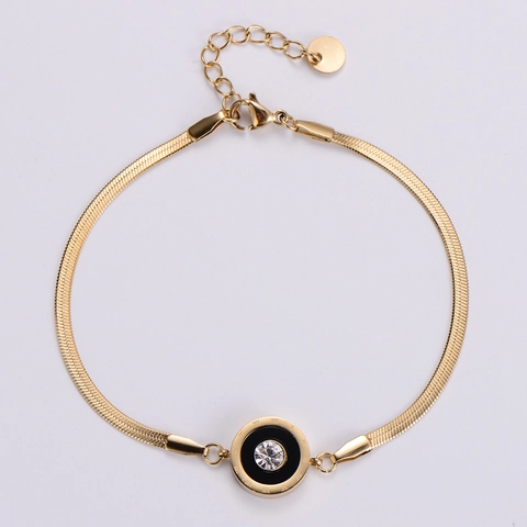 Bracciale A Catena A Spina Di Pesce In Acciaio Inossidabile Placcato Oro 18K Con Ciondolo Rotondo A Numeri Romani E Intarsio Di Zirconi Moda Donna