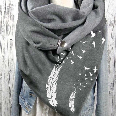 Women Winter Triangle Scarf Warm Polyester Fleece Lined Wrap With Metal Buckle Button Printed Patterns Shawl