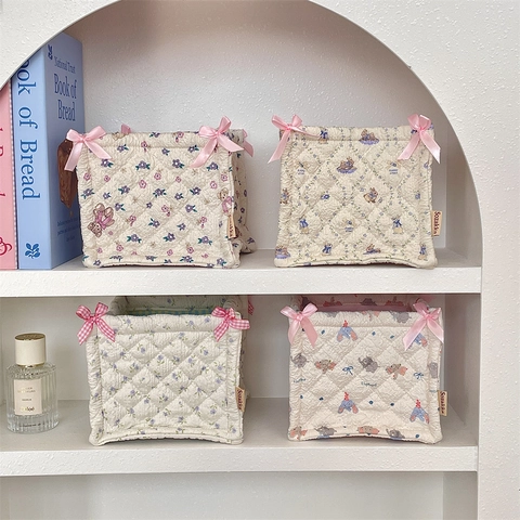 Quilted Fabric Storage Basket Desktop Organizer Bin Cartoon Pattern Kawaii Square Sundries Container With Bow Decoration