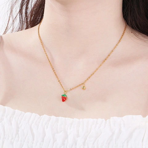 Collar Con Colgante De Fresa Acero Inoxidable Chapado En Oro Esmalte Fruta Dopamina Joyas Dulces Para Mujeres Niñas