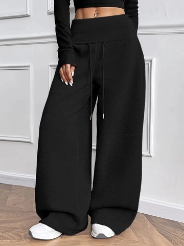 Women Wide Leg Sweatpants Loose Fit High Waist Drawstring Fleece Lined Warm Casual Trousers Solid Color Black