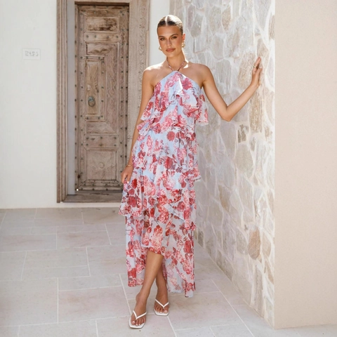 Elegant Halter Neck Maxi Dress Polyester Chiffon Tiered Ruffles Backless Summer Beach Vacation Sexy Dress For Women