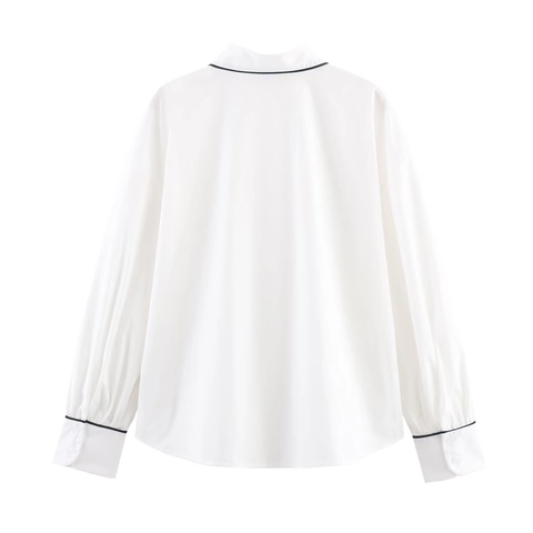 Kontrastbesatz Popeline Hemd Damen Langarm Schwarz Paspelierung Button Down Bluse Minimalistische Büro Schicke Weiße Oberteil