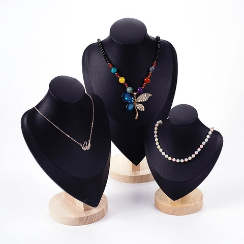 Necklace Display Stand PU Leather Portrait Mannequin Bust Jewelry Organizer Rack With Solid Wood Base Countertop Storage