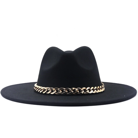 Women's Fashion Cashmere Fedora Hat With Gold Chunky Chain Wide Brim Vintage Jazz Cap For Winter Fall Party Street Wear