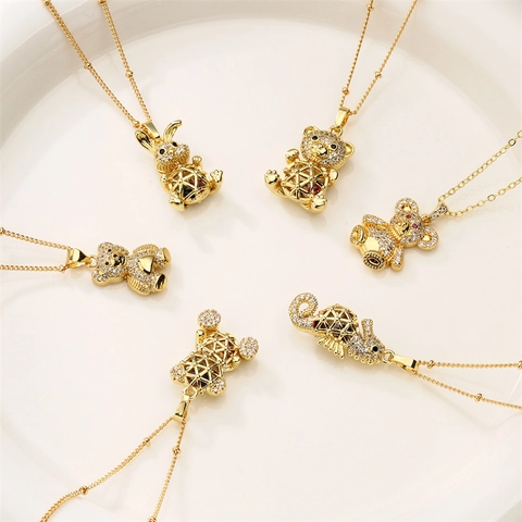 Mode Koperen Zirconia Dierlijke Hanger Ketting Voor Vrouwen Holle Beer Konijn Zeepaardje Goud Vergulde Ketting Sieraden Cadeau