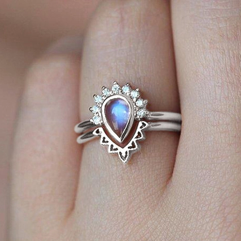 Vintage Palace Style Water Drop Stackable Rings With Zirconia For Women Luxury Imitation Moonstone Geometric Copper Jewelry