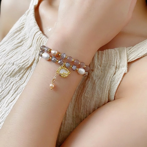 Doppelreihiges Künstliche Perlenarmband Künstliche Perle Katzenauge Stein Kristall Planet Saturn Anhänger Luxus Schmuck Für Damen