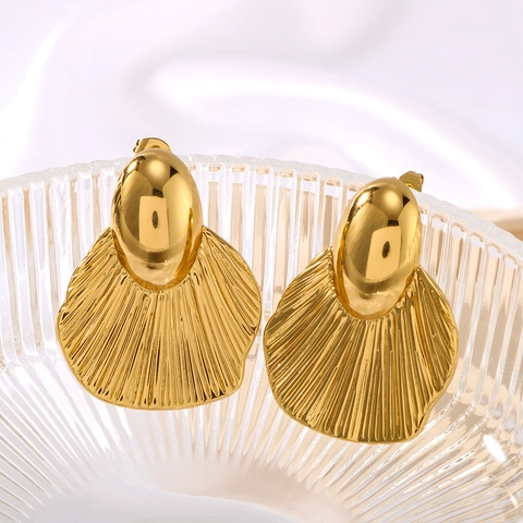 Orecchini In Acciaio Inossidabile Placcati Oro 18K Texture Foglia Geometrica Forma Ventaglio Vintage Gioielli Per Donna