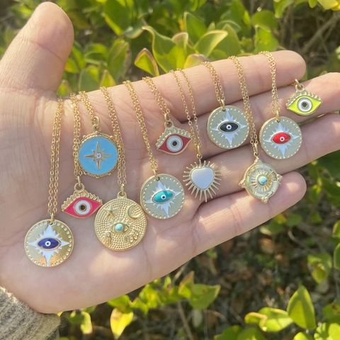 Evil Eye Pendant Necklace Stainless Steel Enamel Star Moon Heart Charm Jewelry For Women Bohemian Retro Style