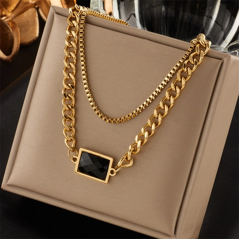 Layered Necklace Stainless Steel Black Rectangular Zircon Pendant Gold Plated Retro Luxury Jewelry For Women