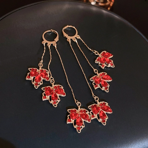 Vintage Red Maple Leaf Tassel Dangle Earrings Alloy Rhinestone Jewelry With Silver Earring Post For Women