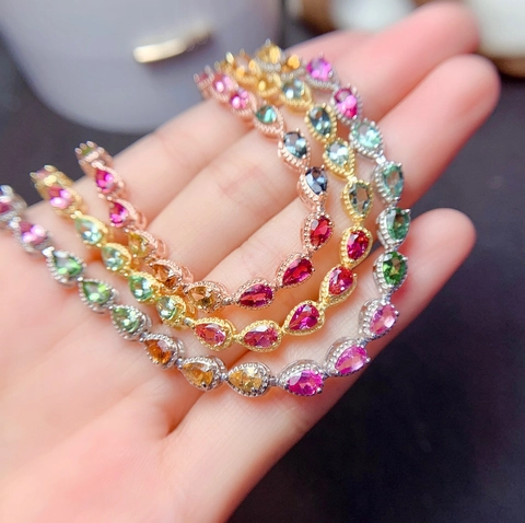 Pulsera de Diamantes de Imitación en Forma de Gota de Color Arco Iris para Mujer Pulsera de Cobre Bañado en Oro 18K Gemas Dulces