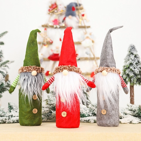Copertura Per Bottiglia Di Vino Gnomo Di Natale Tessuto Non Tessuto Pelliccia Sintetica Bottone In Legno Decorazione Festa Nordico Tomte