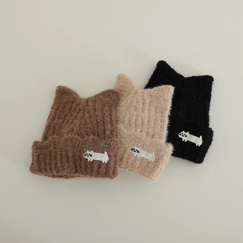 Kids Cat Ear Knit Beanie Hat Faux Mink Fur Winter Warm Plush Pullover Cap For Girls Embroidery Patch Decor
