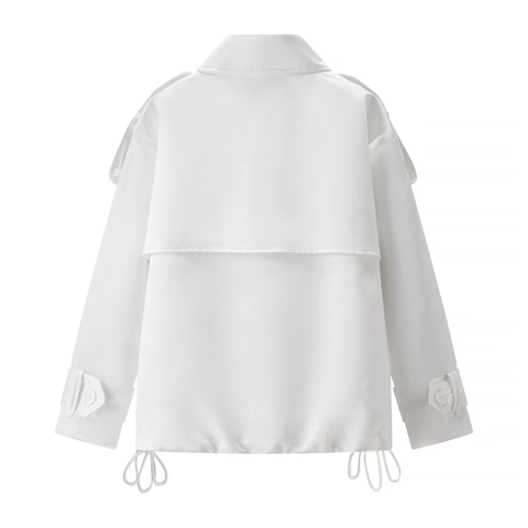 Trench Coat Court Pour Femmes Veste À Double Boutonnière Avec Épaulettes Et Cordon De Serrage Blanc Polyester Élégant