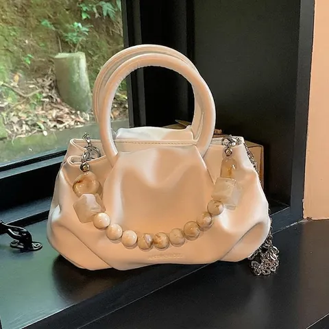 Borsa Nuvola Pieghe Donna Borsa Tracolla Morbida Pelle PU Con Catena Perle Marmo E Tracolla Metallica Portatile Casual Moda