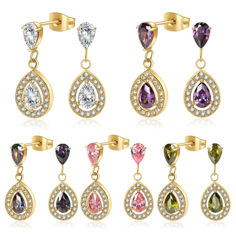 Orecchini Pendenti Goccia Pera Zircone Acciaio Inossidabile Halo Elegante Gioielli Vintage Per Donne