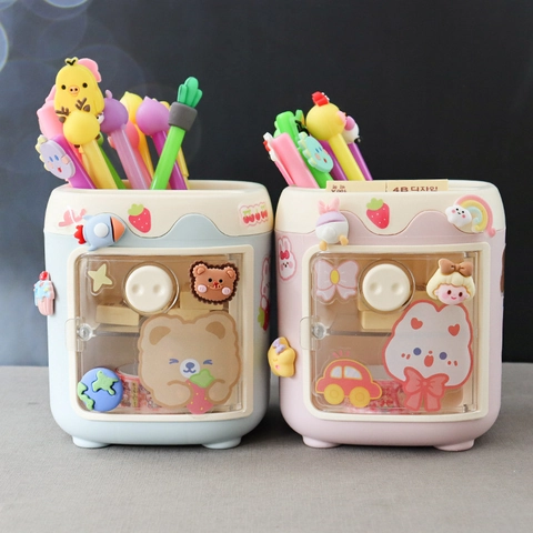 Kawaii Pen Holder Desktop Storage Box Plastic Mini Fridge Shape Large Capacity Stationery Organizer For Kids Students