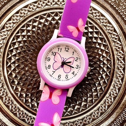 Orologio Bambini Stampa Farfalla Cinturino Silicone Cartone Animato Analogico Quarzo Per Ragazze Carina Quadrante Rotondo