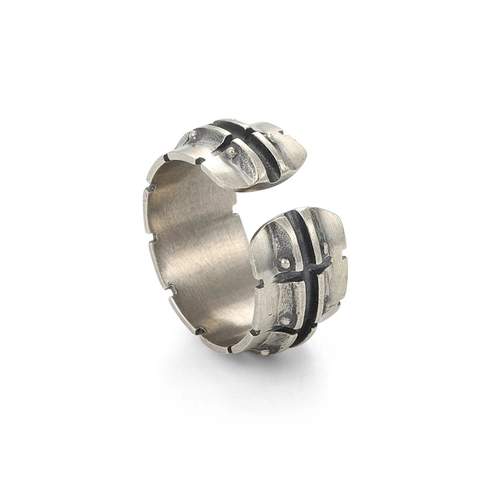 Vintage Industriële Tread Open Ring Voor Mannen Koper Thais Zilver Verguld Punk Klinknagel Verstelbare Locomotief Band