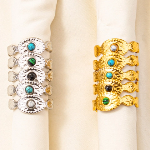 Gehämmerter Edelstahl Offener Ring Vintage Eingelegter Strass Verstellbarer Geometrischer Fingerring Für Damen Herren Schmuck