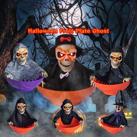 Ciotola Di Frutta Halloween Animata Scheletro Strega Piatto Di Caramelle Con Occhi LED Luminosi E Suono Spaventoso Festa