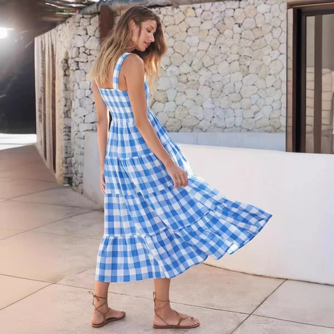 Dames Gingham Cami Jurk Gesmokt Gelaagd Rugloos Maxi Zomerjurk Polyester Geruit Zomer Casual