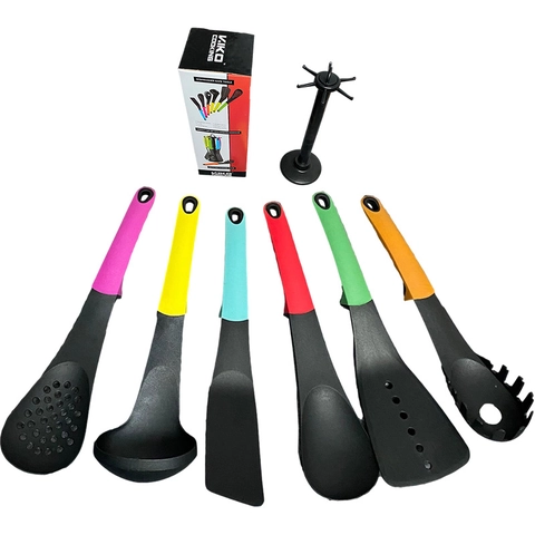 Nylon Kitchen Utensils With Rotating Stand Multi Color Handles Non Stick Dishwasher Safe Cooking Tools For Home