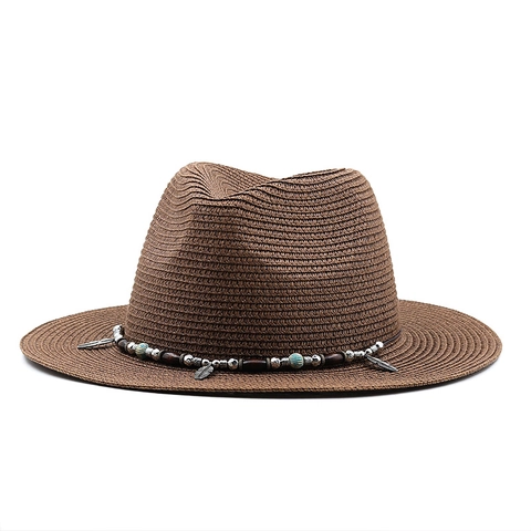 Ψάθινο Καπέλο Fedora Αντηλιακή Προστασία Αναπνεύσιμο Καλοκαίρι Παραλία Ταξίδι Μποέμ Έθνικ Ζώνη Με Χάντρες Φτερό Για Γυναίκες Άνδρες