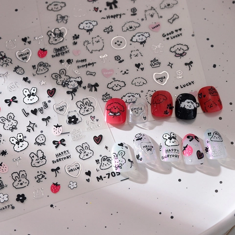 Cartoon Dog Rabbit Nail Art Stickers Embossed Silver Metallic Heart Bow Stars Design Self Adhesive Decals For DIY Decoration