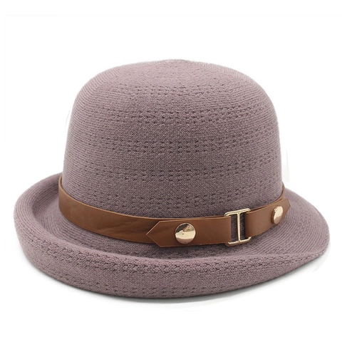 Retro Cloche Hat For Women Knitted Polyester Viscose Blend With PU Leather Belt Buckle Warm Elegant Rolled Brim Bucket Hat