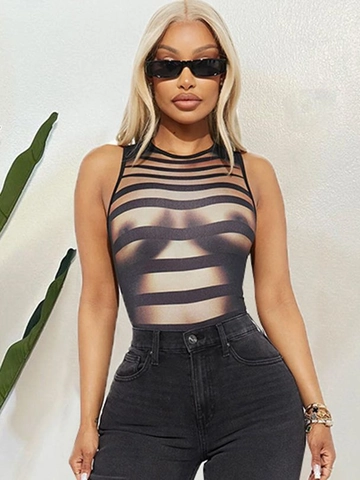 Body Sexy Da Donna Senza Maniche Girocollo Illusione Stampa Corporea A Righe Poliestere Alta Elasticità Streetwear Top