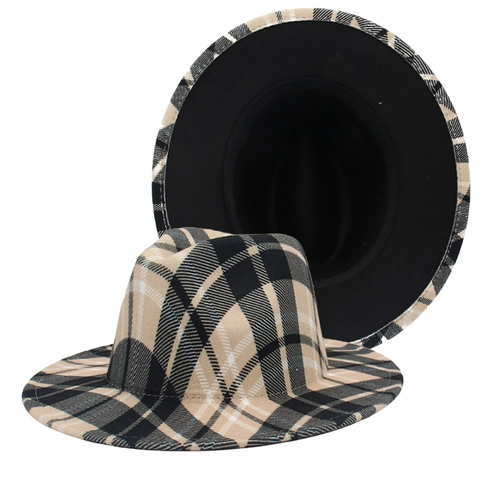Plaid Fedora Hat Woolen Felt Wide Brim British Retro Scottish Check Jazz Cap For Men Women Vintage Fashion